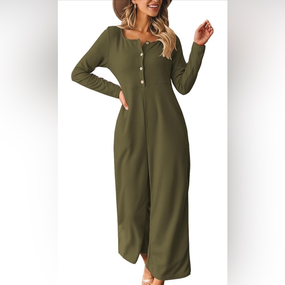 Happy Sailed Womens Long Sleeve Waffle Knit Jumpsuits Front Button